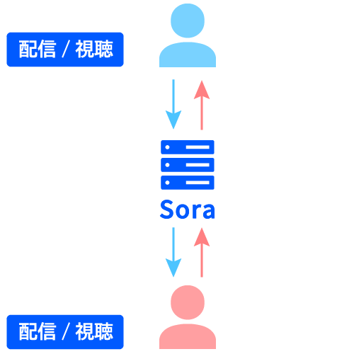 Sora を使って 1 対 1 の双方向配信をする構成図。オンライン診療やビデオ通話型のカスタマーサポートなどを想定。